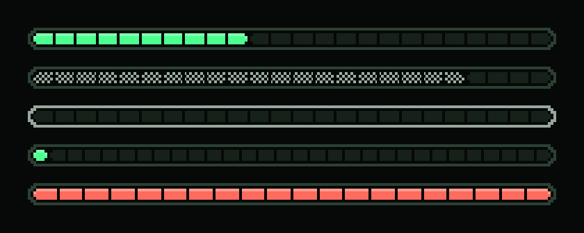 PixelBar: Solid, dithered (stale) and outlined (no value): the non-colour cues. The fill steps one pixel in from the frame